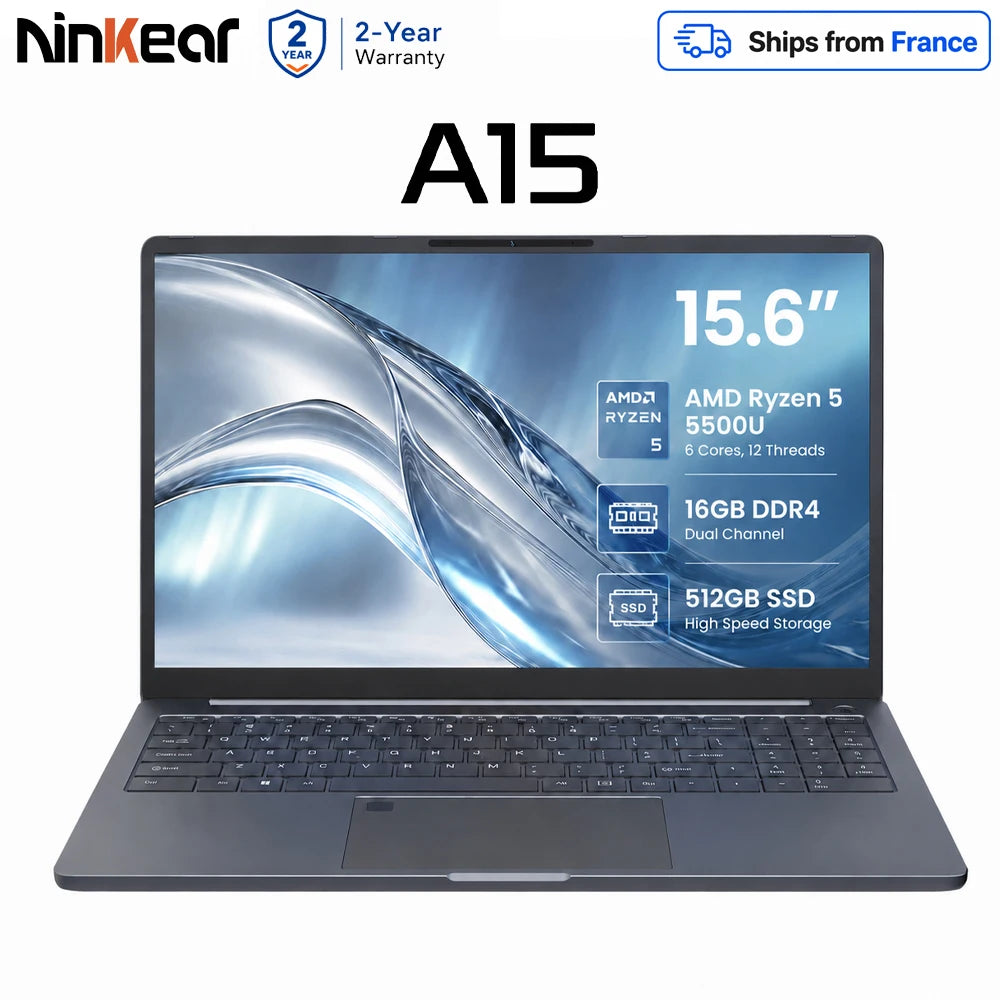 Ninkear A15 Pro Laptop 15.6 Inch Fhd Ips Amd Ryzen 5 5500U 16Gb Ram 512Gb Ssd Metal Notebook Fingerprint Unlock Backlit Keyboard Wifi 6 Usb-C Pd 65W Fast Charge Windows 11 Portable Computer Eu Plug