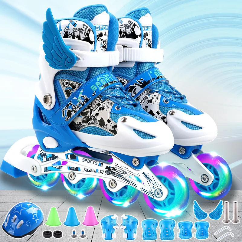Patines Flash tamaño ajustable 26-42 para niños niñas zapatillas de patinaje al aire libre zapatos de patín de 4 ruedas con casco, rodillera para codo