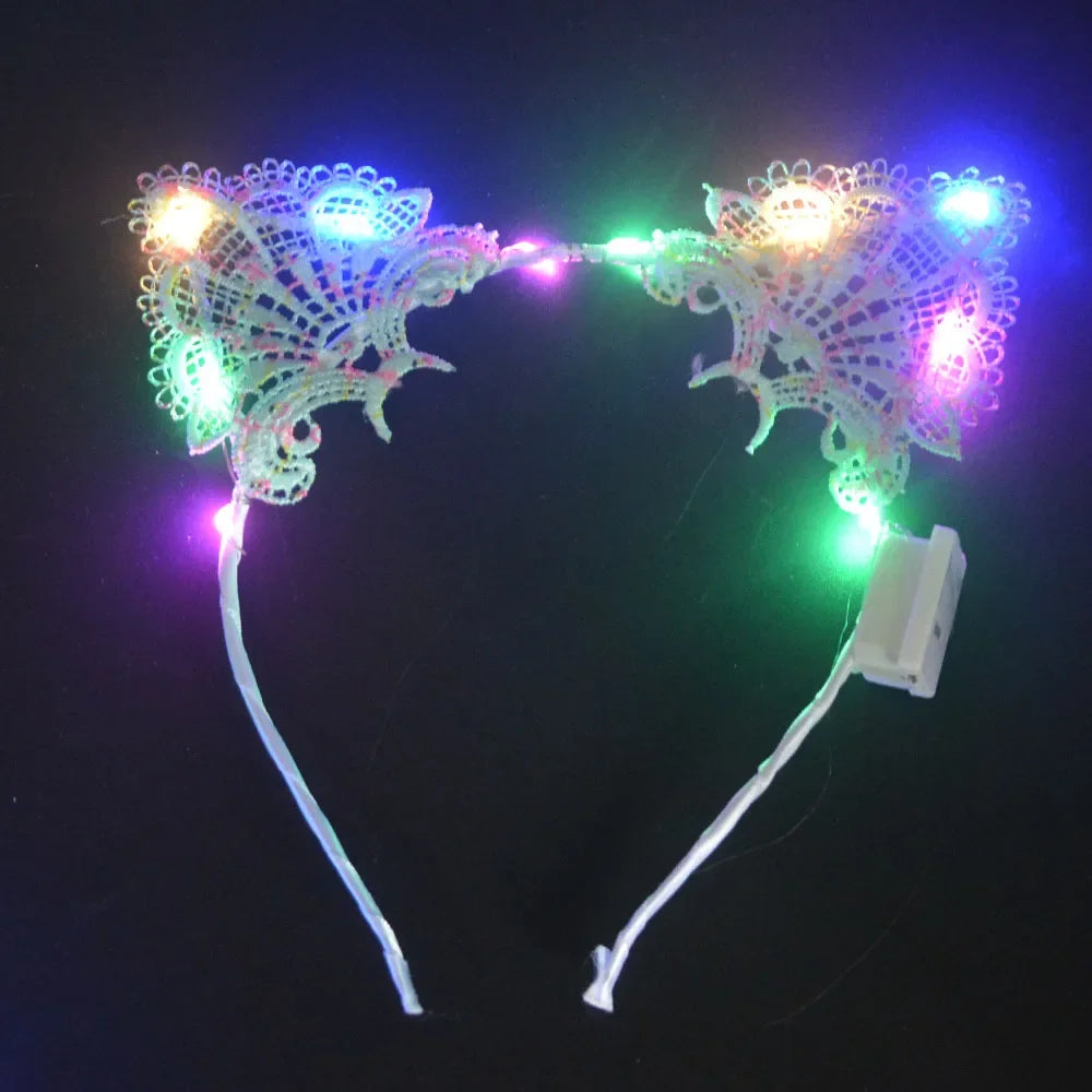 20 piezas de luces LED intermitentes de encaje con orejas de animales, diadema de gato y zorro para Cosplay, fiesta de cumpleaños, Rave, Festival de boda