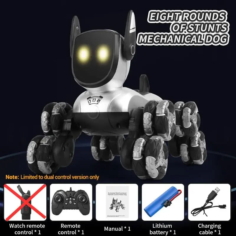 Robot perro mecánico negro y gris con múltiples brazos, ojos LED verdes