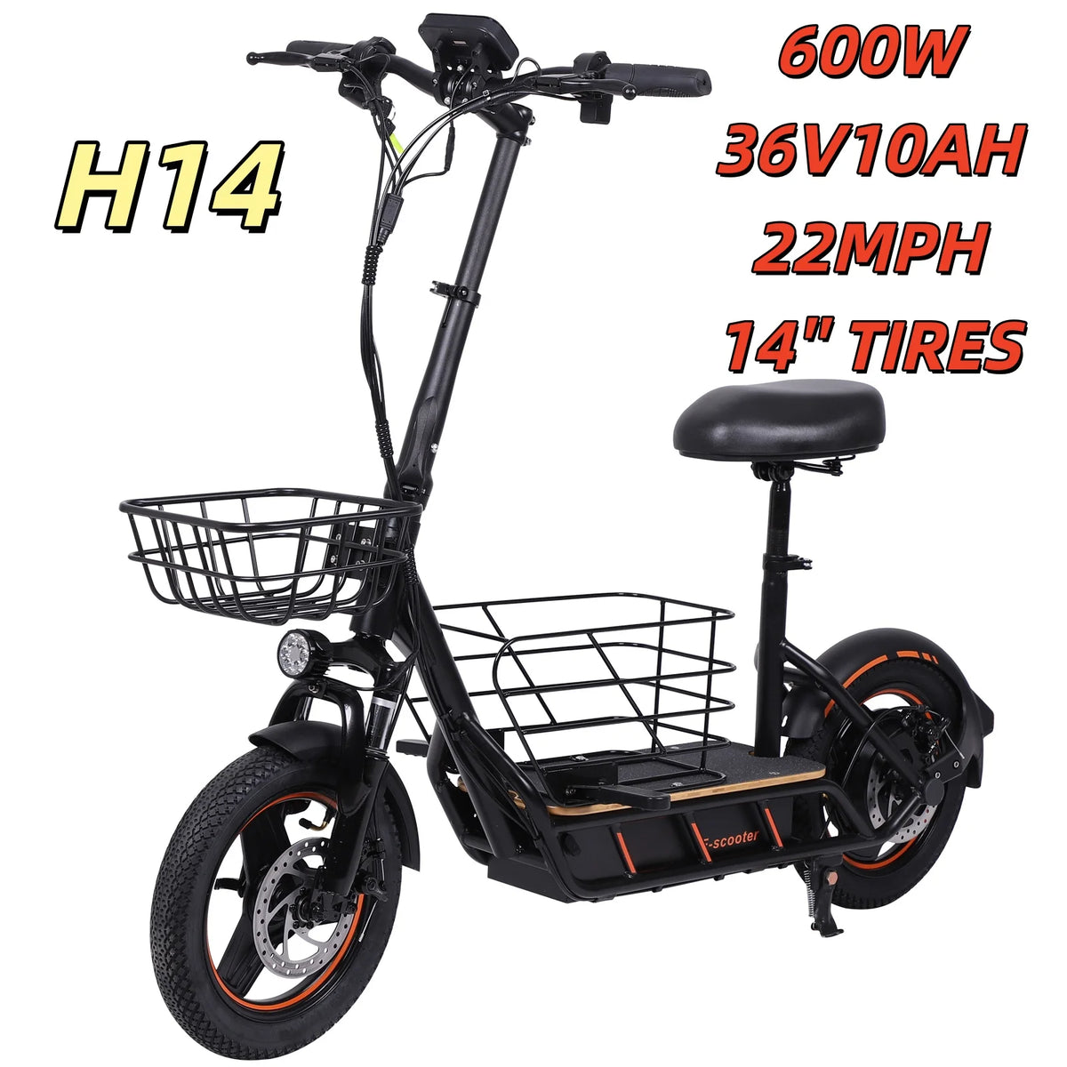 Patinete eléctrico plegable negro con asiento y cesta frontal, llantas anchas todoterreno