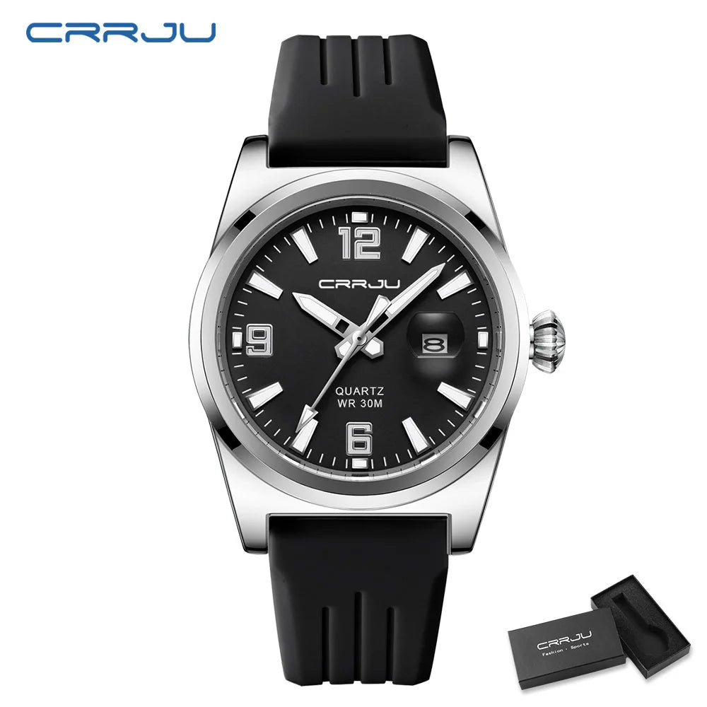 Reloj de pulsera de cuarzo casual CRRJU de moda, resistente al agua, para hombre, con correa de silicona deportiva, manecillas luminosas.