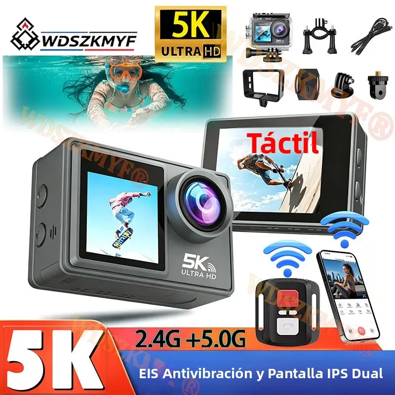 Cámara de Acción 5K 4K con EIS Antivibración, Pantalla Dual Táctil de 2.0 + 1.3 Pulgadas, Resistente al Agua 30M, para Casco, Esquí, Buceo, Deportes de Motor