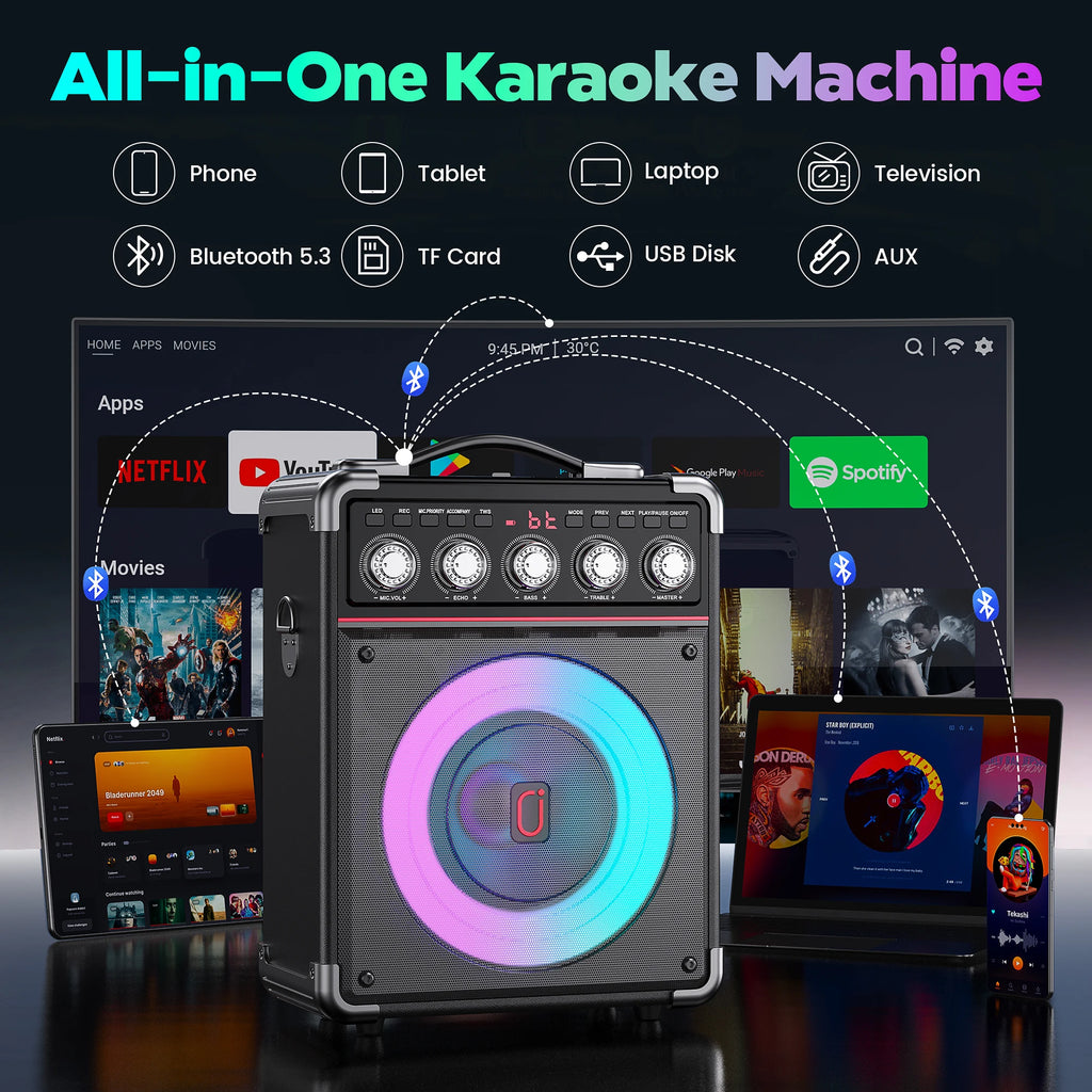 Máquina de Karaoke TX05 con 2 micrófonos inalámbricos, altavoz portátil con sistema de Karaoke con luz RGB para soporte de caja de fiesta en casa, TWS