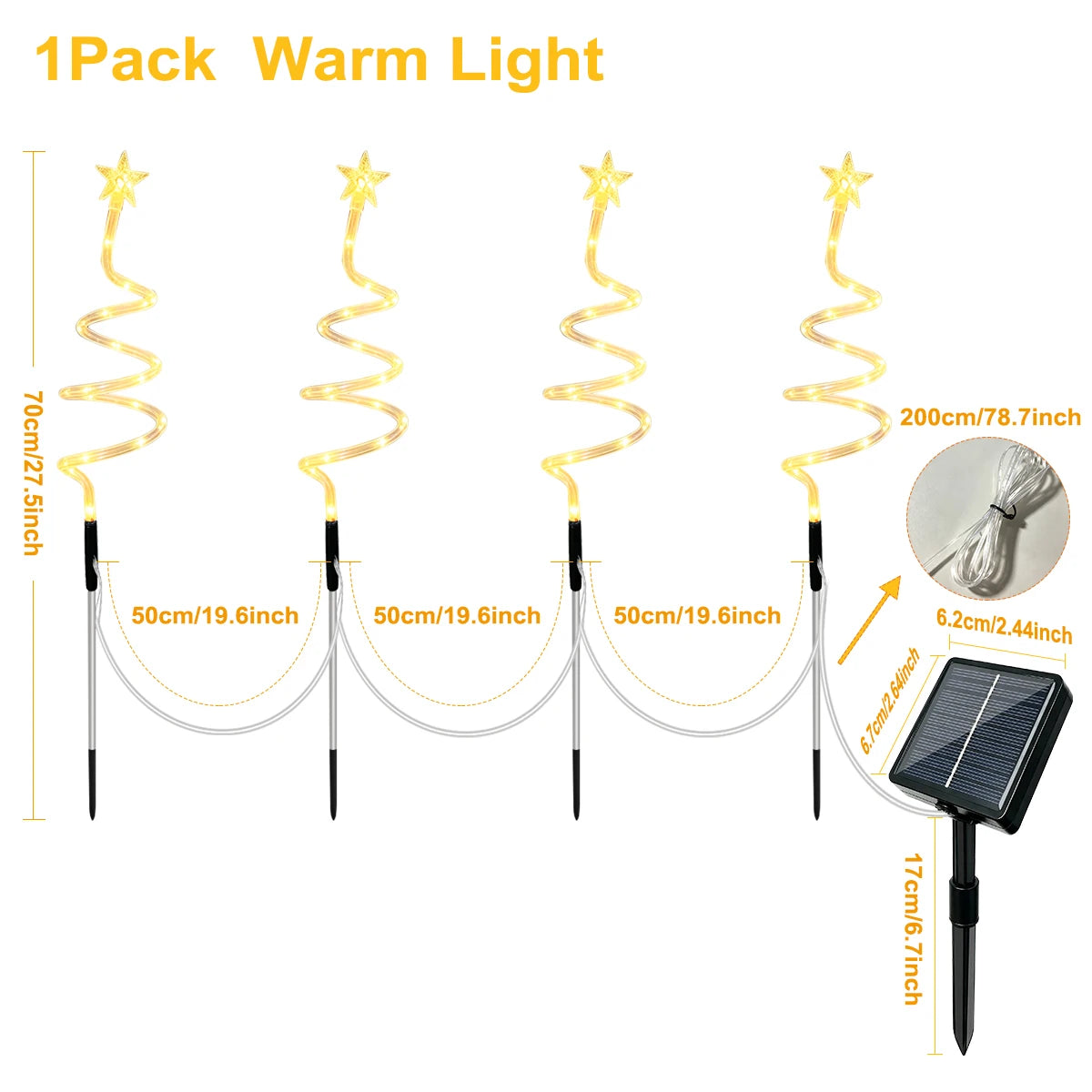 Luces decorativas navideñas solares en espiral 4 en 1, 8 modos de iluminación, lámpara LED RGB y luz cálida, impermeable para jardín, patio y césped