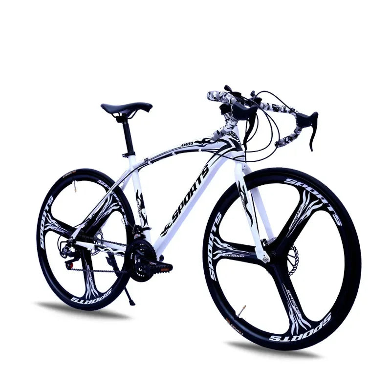 Bicicleta de carreras de 26 pulgadas con cuadro de acero al carbono, 21 velocidades, manubrio curvo, doble freno de disco y rines de 60 mm para adultos