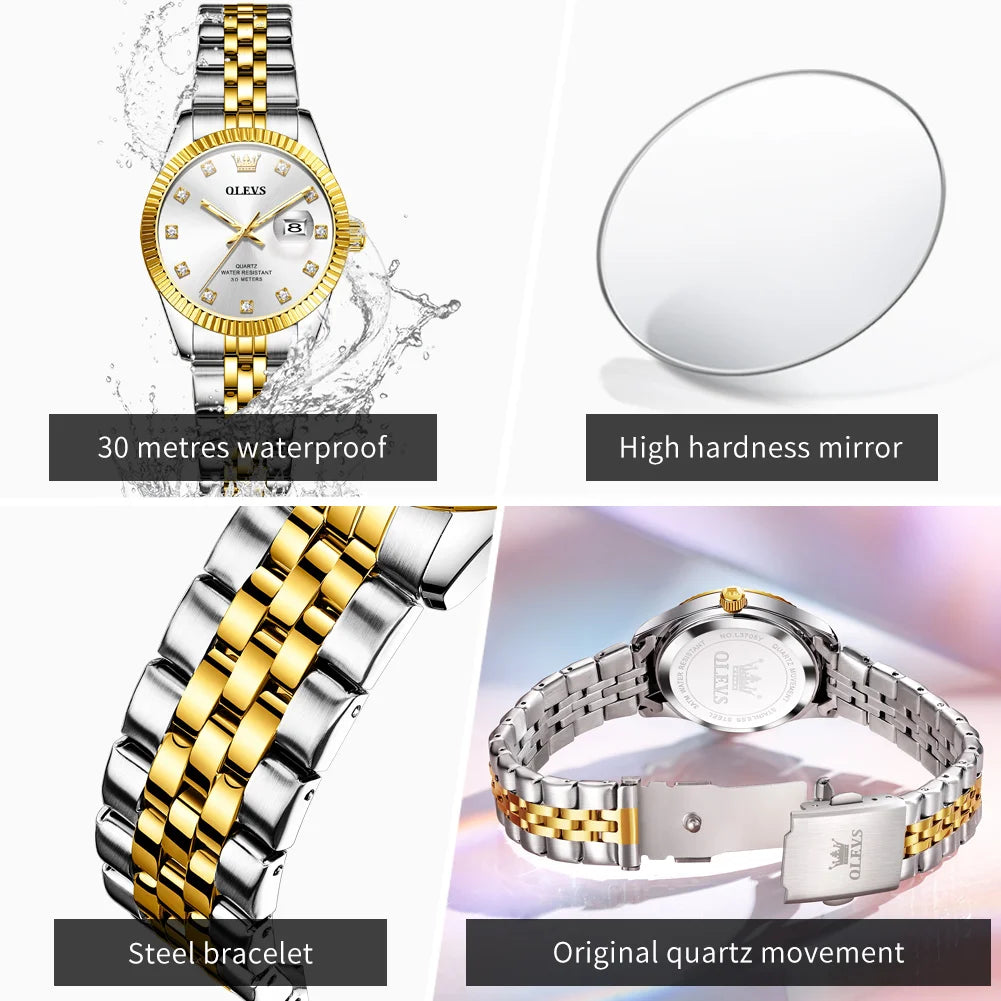 OLEVS 3705 Woman Watch 30M Waterproof Date Quartz Watch For Women High Hardness Mirror Diamond Scale Luxury Ladies Hand Clock