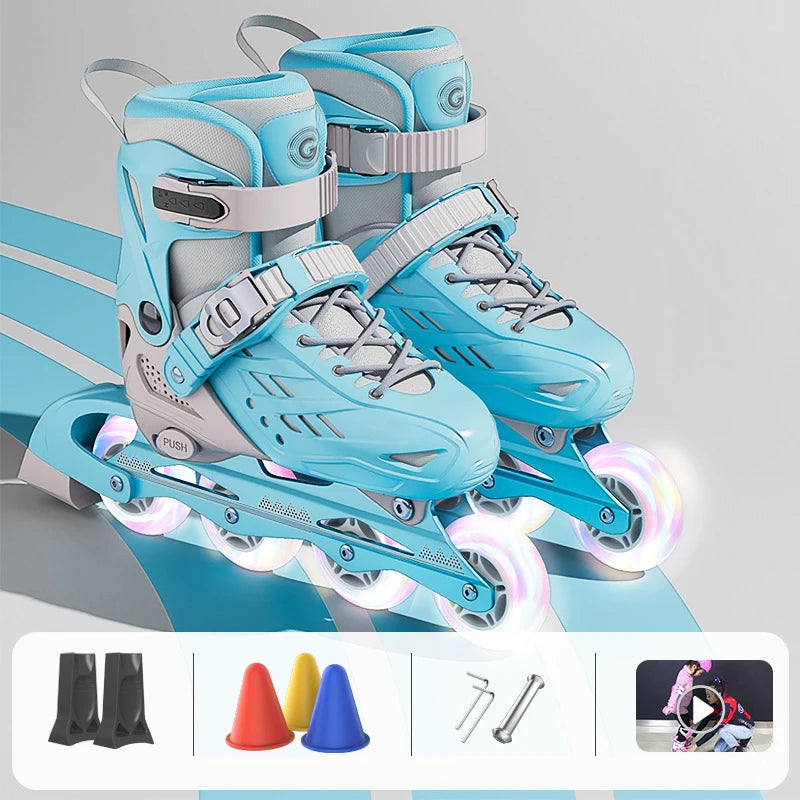 Patines en Línea con 4 Ruedas y Luces Intermitentes, con Juego Completo de Protección, Casco, Rodilleras, Coderas, Bolsa de Transporte, Talla Ajustable para Niños y Niñas