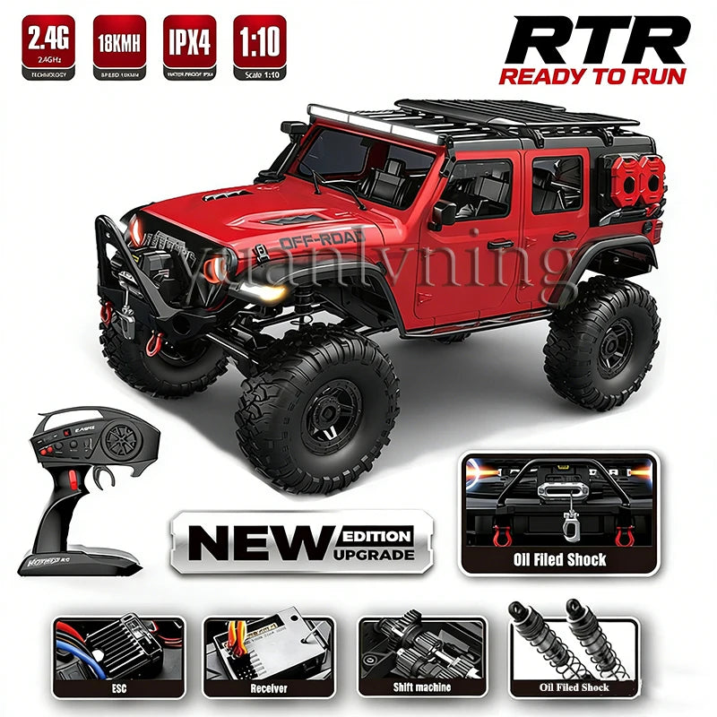 Coche RC 1/10 vehículo a control remoto 2.4G rock crawler de escala completa, camión todoterreno 4WD para escalar con luz LED