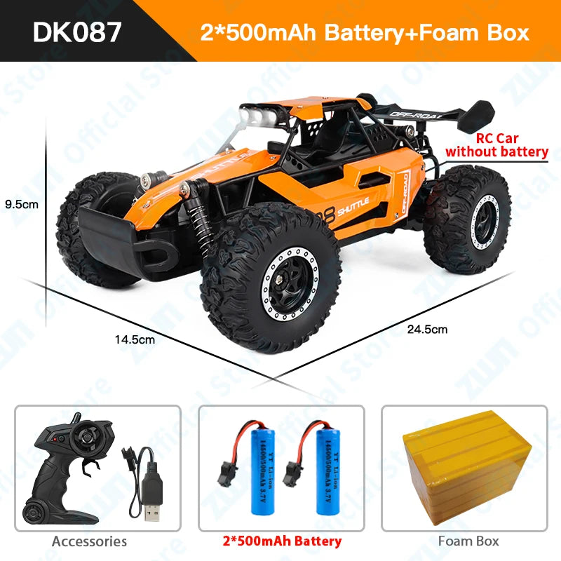 Coche RC todoterreno naranja con faros LED y ruedas de perfil alto