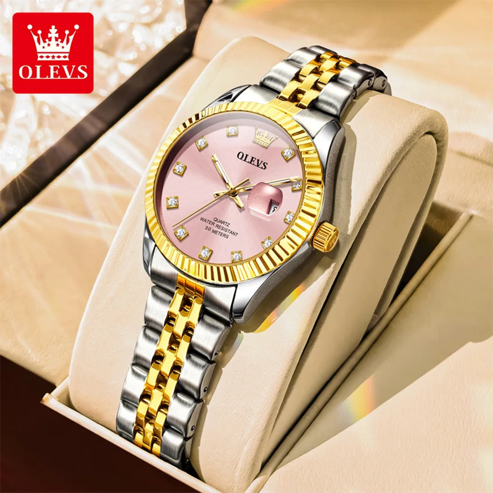 Reloj de mujer OLEVS tendencia moda plata acero inoxidable marca original reloj de pulsera gran fecha textura bisel roscado impermeable