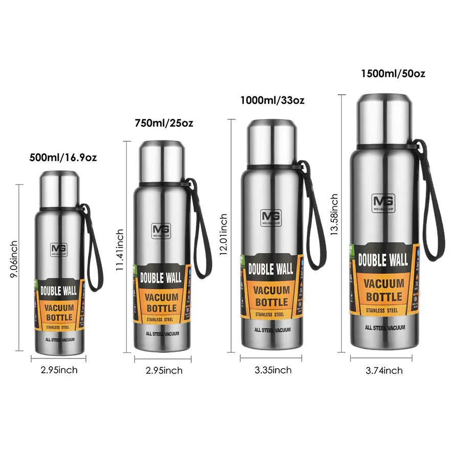 UPORS-Termo Portátil de Acero Inoxidable de Gran Tamaño, Botella Térmica, Frasco de Vacío Amplio, con Vaso Aislante y Cuerda de Agarre, Capacidad de 500/700/1000/1500ml
