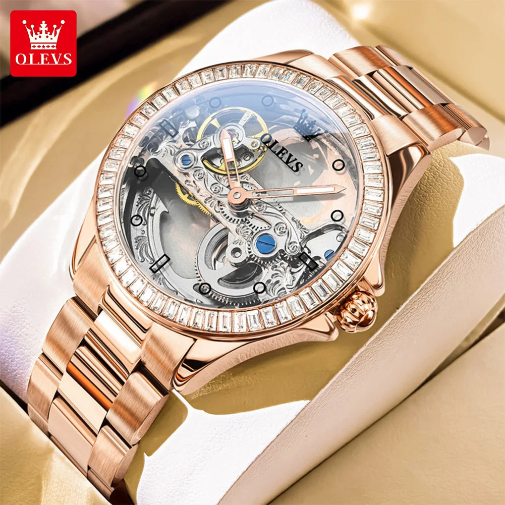 Reloj OLEVS 6699 para mujer, reloj de pulsera mecánico automático de lujo con esfera hueca totalmente transparente y bisel de diamantes, relojes de lujo para dama