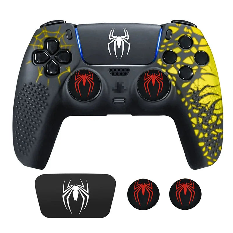 Funda protectora de silicona suave con diseño de araña para mando de PS5, carcasa, pegatinas para panel táctil y kit de agarre para joysticks