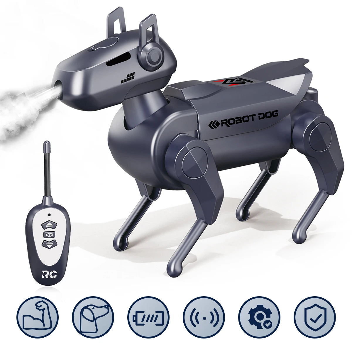 Perro robot RC ensamblado en color gris oscuro, con mando a distancia incluido