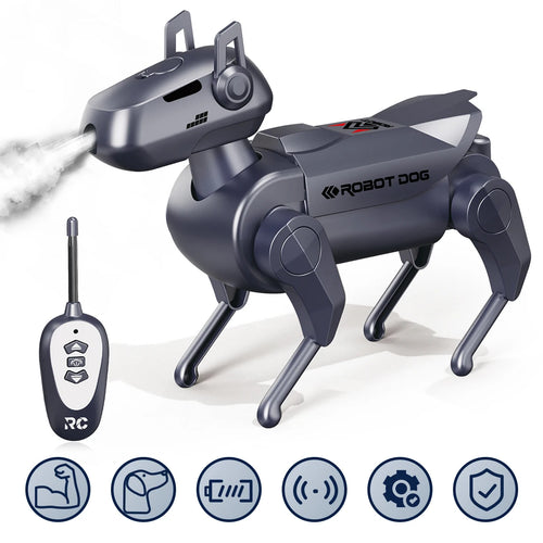 Perro robot RC ensamblado en color gris oscuro, con mando a distancia incluido