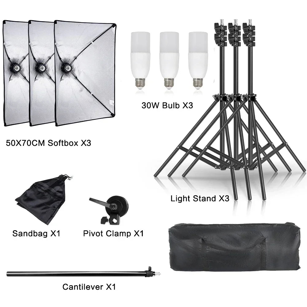 SH 1pc-3Pcs Kit de Iluminación Softbox para Fotografía 50x70CM, Sistema de Luz Profesional con Bombillas Fotográficas E27 para Estudio Fotográfico