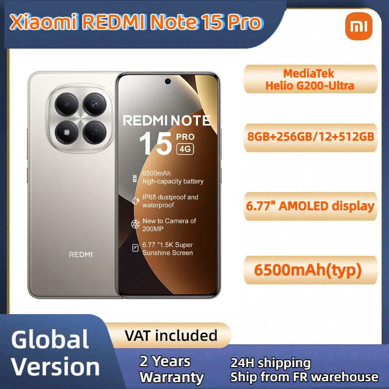 2026 NUEVA Versión Global Xiaomi REDMI Note 15 Pro 4G MTK Helio G200-Ultra 6,77" Cámara trasera de 200MP, frontal de 32MP, 120HZ, desbloqueo facial por IA