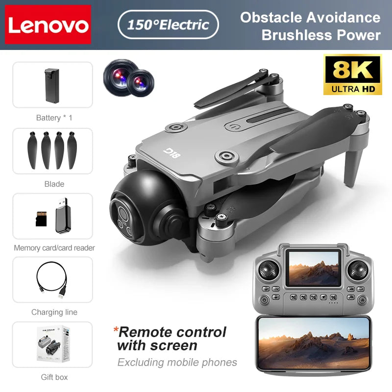Dron RC negro con cámara dual 8K Ultra HD y hélices plegables; control con pantalla.