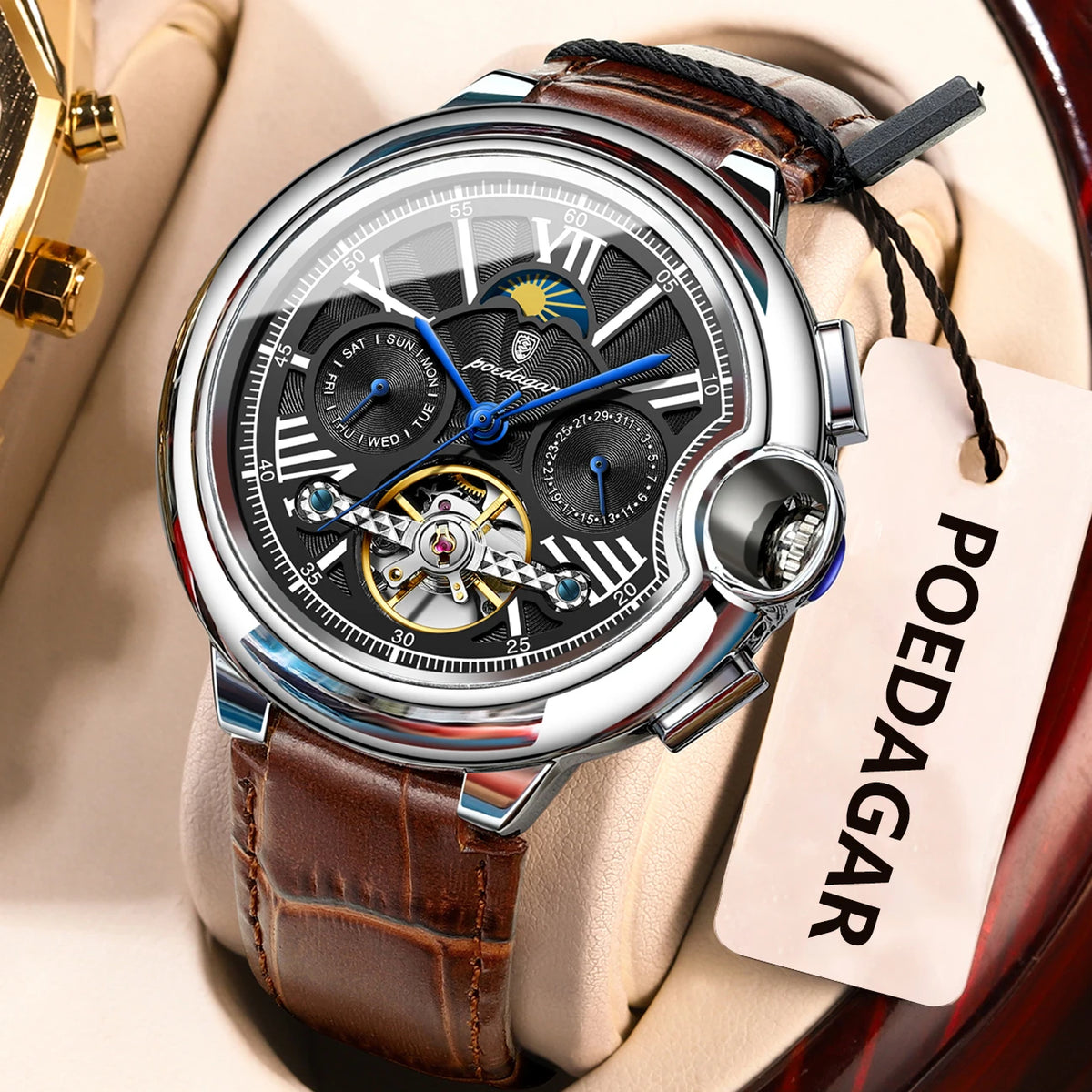Reloj POEDAGAR de lujo para hombre, de negocios, con fecha, día, tourbillon de acero inoxidable, reloj mecánico automático impermeable para hombre