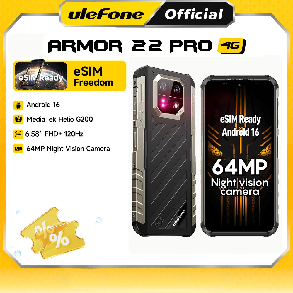 Smartphone robusto Ulefone Armor 22 Pro, eSIM, Android 16, MTK G200, 128GB/256GB, versión global, resistente al agua y a los golpes, para exteriores