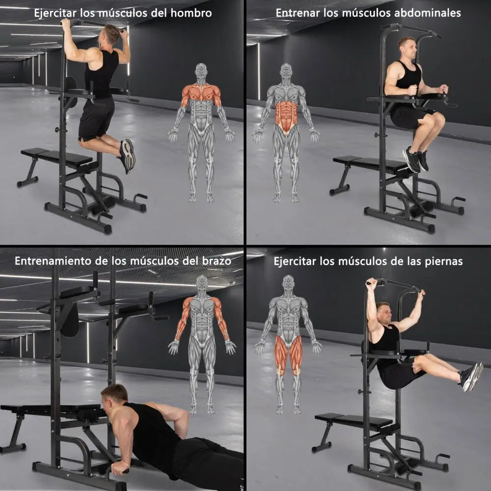 Estante de gimnasio multifunción, estación de inmersión de torre eléctrica con banco de pesas, barra de dominadas, ejercicio Abdominal para entrenamiento de fuerza en gimnasio en casa