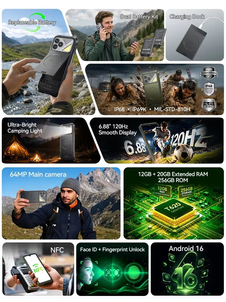 [Shipping From France] Cubot KingKong Dura Rugged Smartphone, 5000mAh Removable Battery * 2, Android 16, 20 (8+12)GB RAM+ 128GB ROM/32(12+20)GB RAM +256GB ROM, 6.88-Inch 120Hz Screen, NFC, Face ID +Fingerprint Unlock