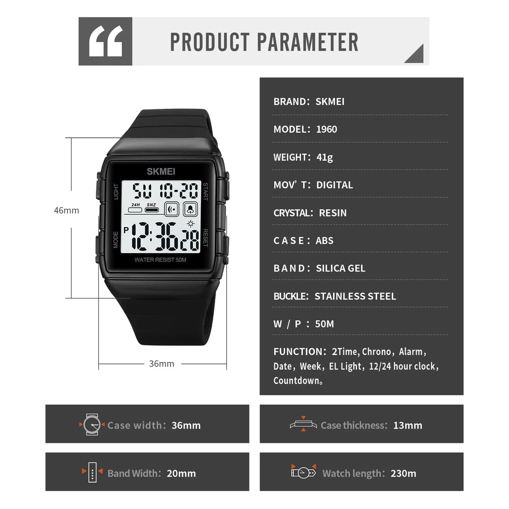 Reloj digital militar para hombre SKMEI 1960, deportivo, con calendario, cuenta regresiva, resistente al agua, a prueba de golpes, reloj de pulsera para hombre 1560