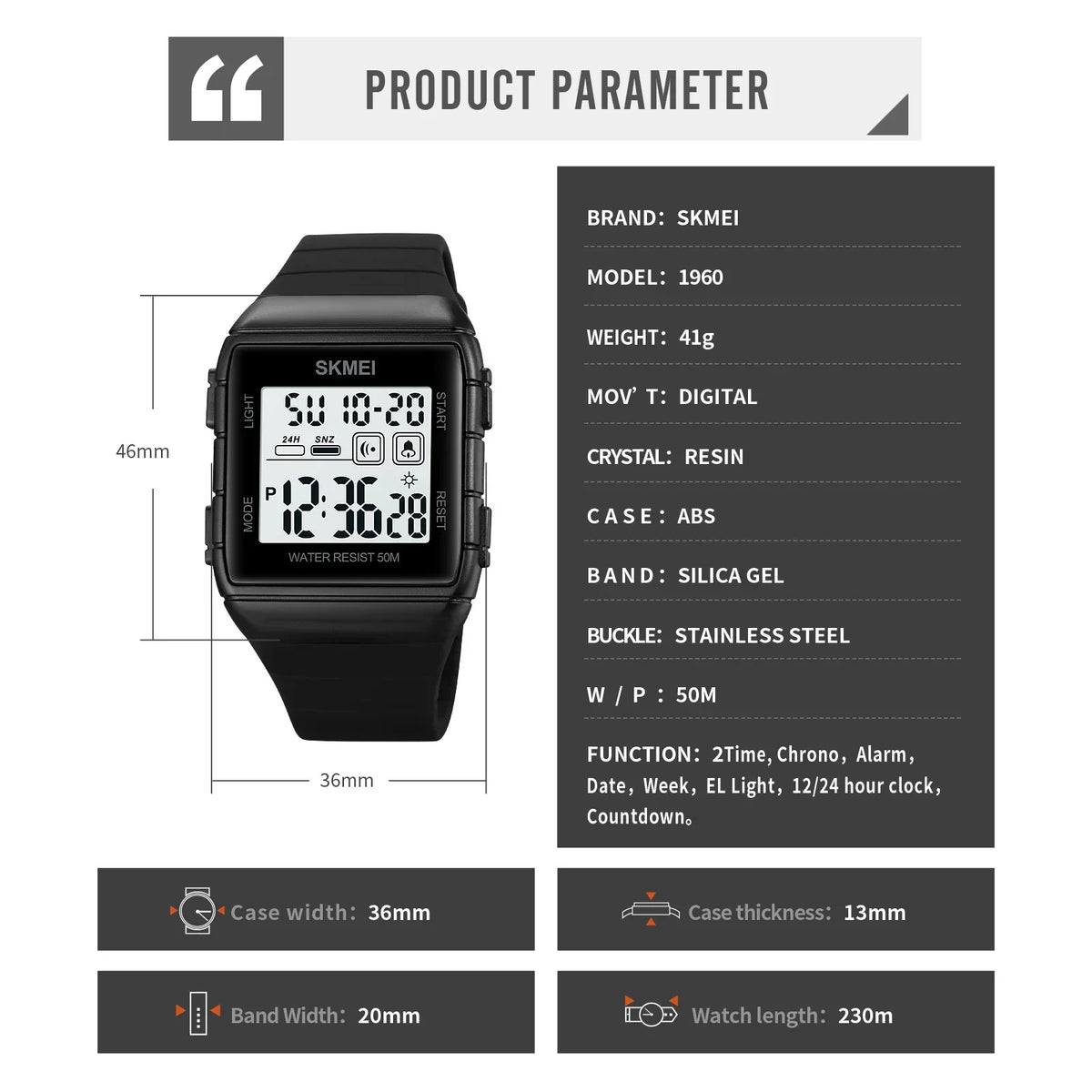 Reloj digital militar para hombre SKMEI 1960, deportivo, con calendario, cuenta regresiva, resistente al agua, a prueba de golpes, reloj de pulsera para hombre 1560