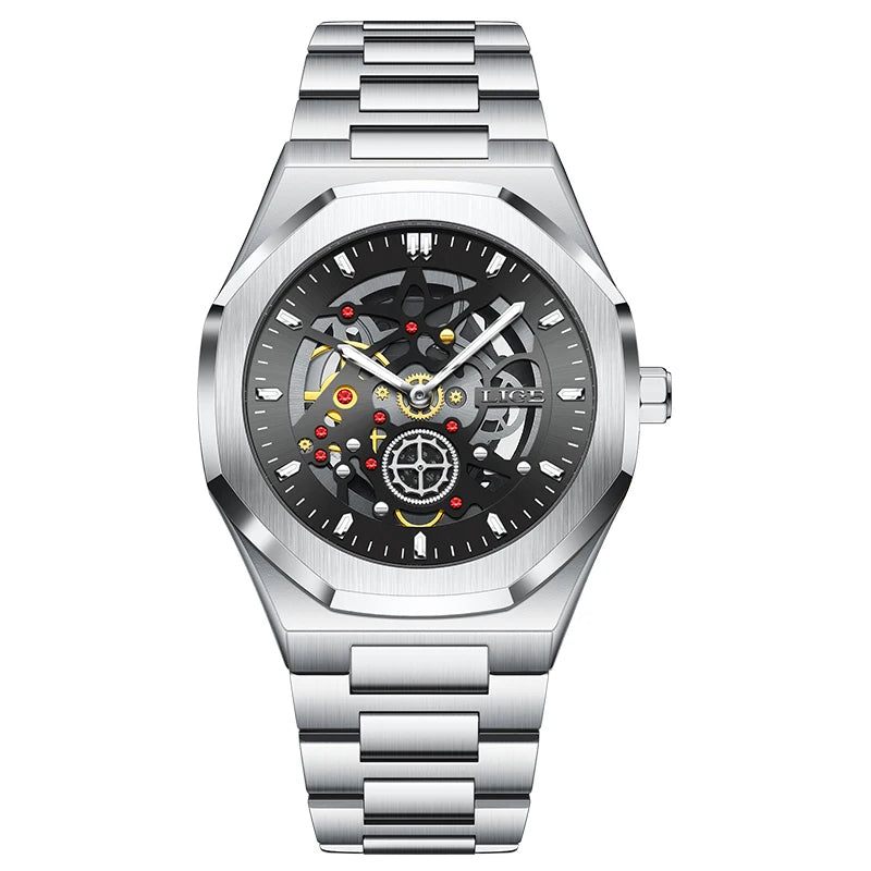 Reloj LIGE de lujo para hombre, diseño esqueleto automático, reloj de pulsera de cuarzo con esfera, impermeable, luminoso, con correa de acero para hombre