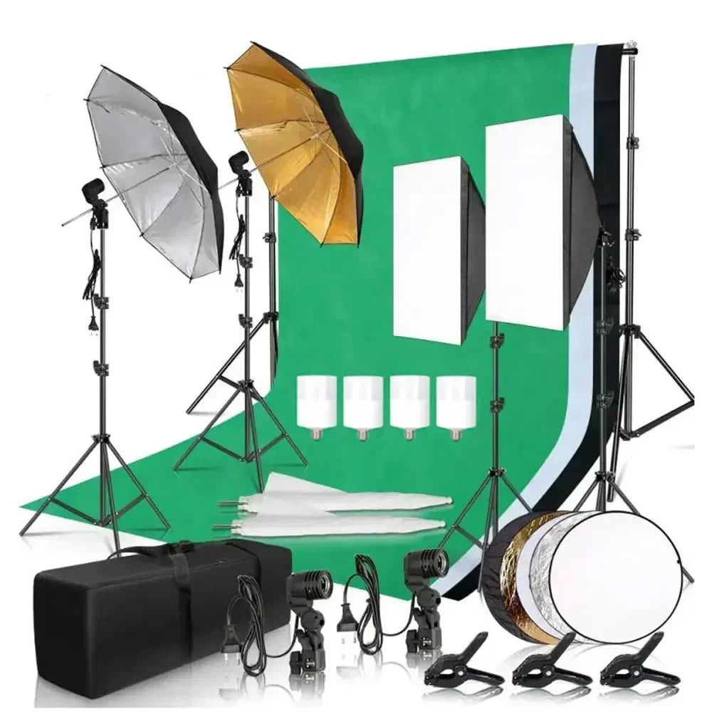 Kit de iluminación para fotografía, fondo fotográfico de 2,6x3M, fondos de muselina, Softbox, paraguas, Reflector y soporte de luz para estudio fotográfico