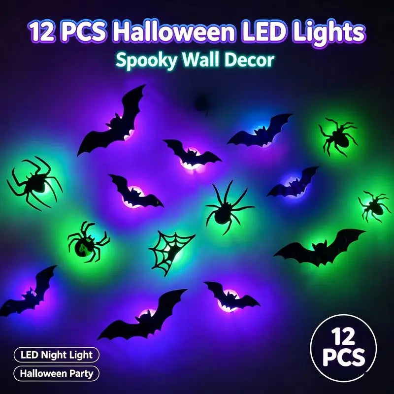 Nuevos adhesivos de pared con luz LED de murciélago 3D para Halloween, decoración de ambiente espeluznante para fiestas, ventanas, paredes del hogar, juguete de murciélago brillante, decoración LED