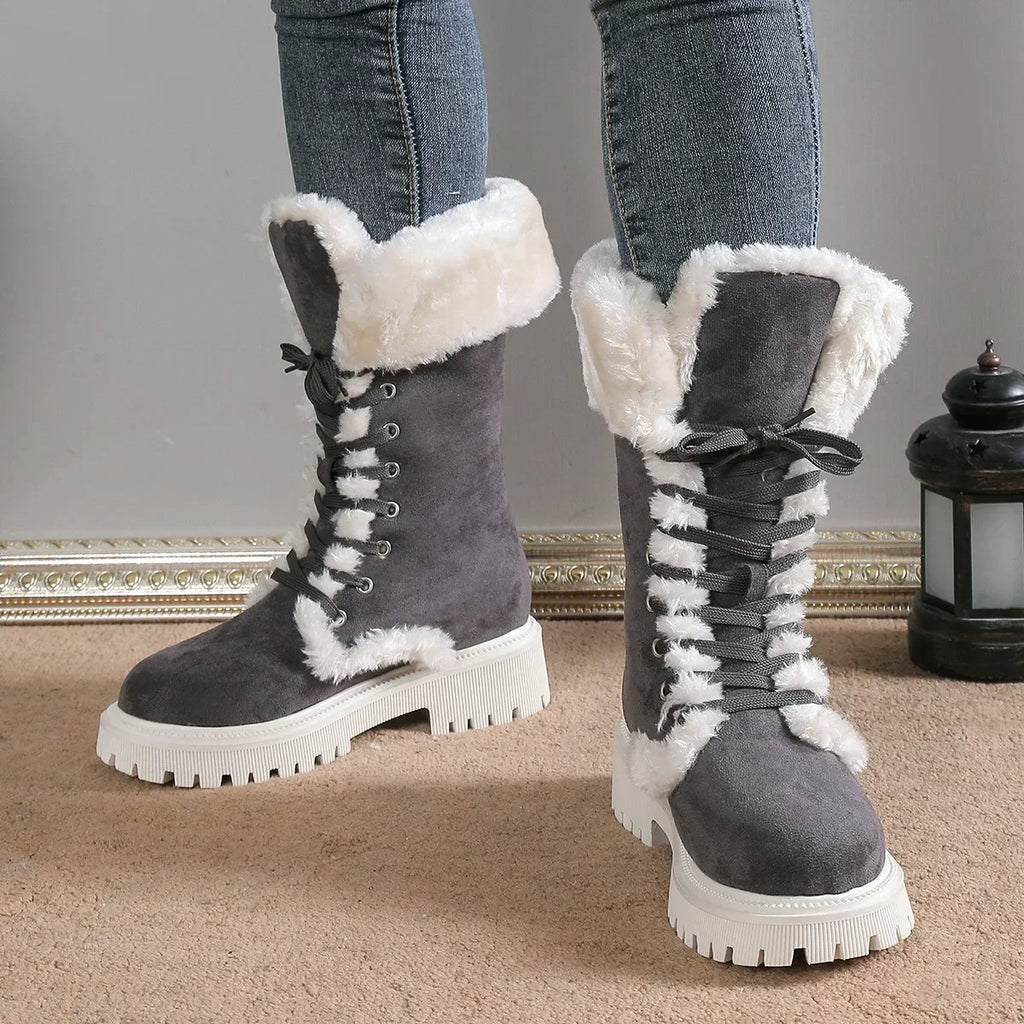Botas de nieve gruesas de felpa para mujer, botines con plataforma de piel sintética para invierno, botas de nieve con cordones a media pantorrilla, zapatos de algodón grueso