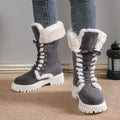 Botas de nieve gruesas de felpa para mujer, botines con plataforma de piel sintética para invierno, botas de nieve con cordones a media pantorrilla, zapatos de algodón grueso