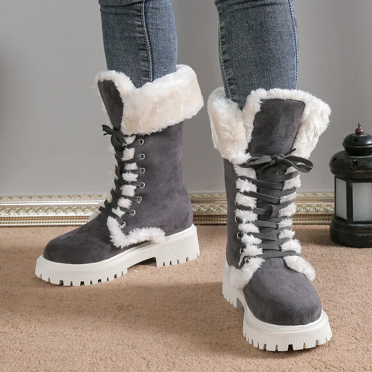 Botas de nieve gruesas de felpa para mujer, botines con plataforma de piel sintética para invierno, botas de nieve con cordones a media pantorrilla, zapatos de algodón grueso
