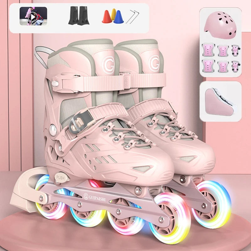 Patines en línea con casco, coderas y rodilleras, juego de bolsa para zapatos, zapatillas Flash de 4 ruedas para niños y niñas, zapatos de Skate ajustables
