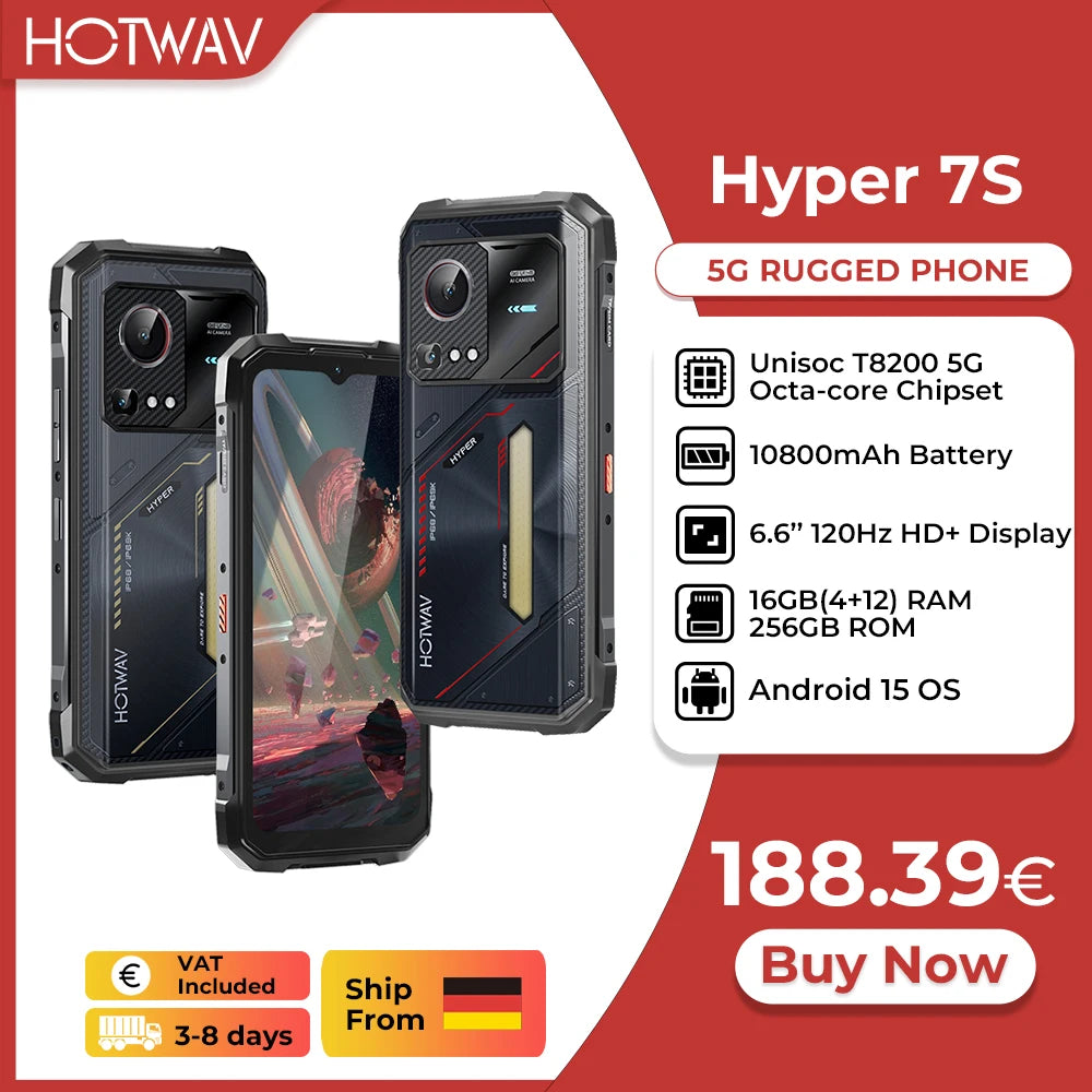 [Enviado desde Alemania] HOTWAV Hyper 7S Teléfono Móvil Robusto 5G Android 15 Smartphone 6.6'' 120Hz 10800mAh 4GB 256GB Teléfono Celular