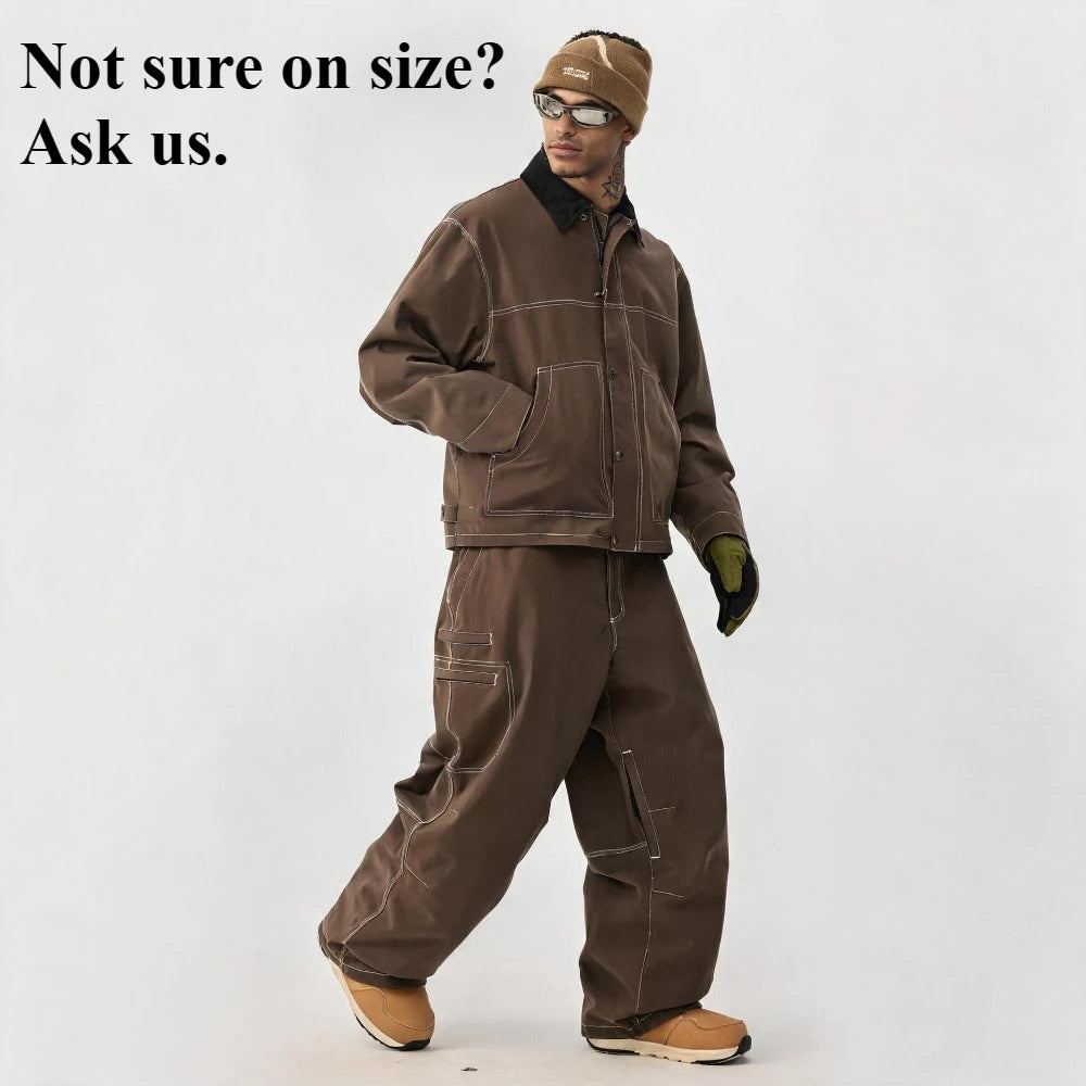 GSOU SNOW Traje de esquí americano holgado, ropa de invierno a prueba de viento, cálida, de talla grande, conjunto de chaqueta y pantalones de snowboard con bloques de color, súper holgado