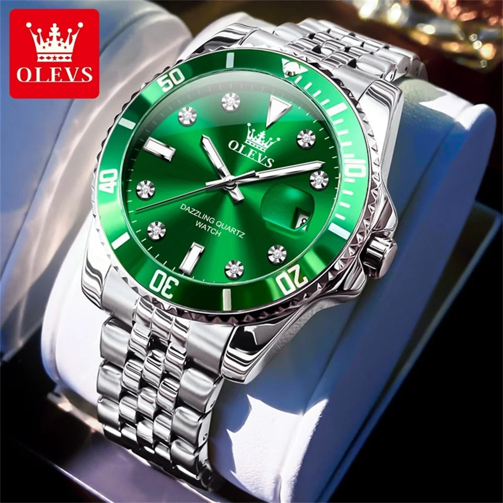 Reloj OLEVS 9809 para hombre, original, resistente al agua, luminoso, de cuarzo, de acero inoxidable, de marca reconocida, con calendario, estilo ejecutivo