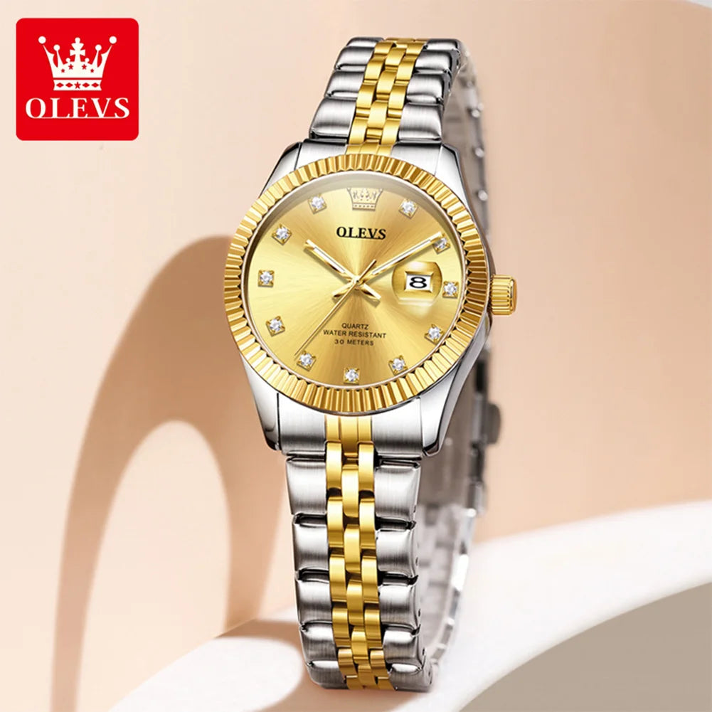 Reloj de mujer OLEVS 3705, resistente al agua 30M, reloj de cuarzo con fecha para mujer, espejo de alta dureza, escala de diamantes, reloj de lujo para dama