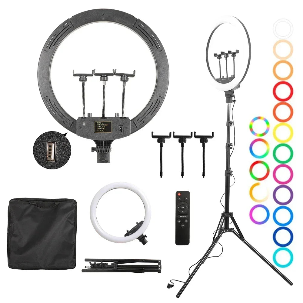 Anillo de Luz LED RGB para Selfies con Trípode, 11 Estilos, 18 Pulgadas (45 cm), Recargable por USB, Regulable, para Estudio Fotográfico