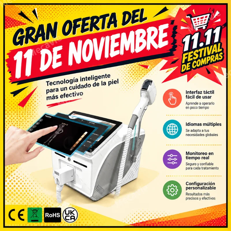 Máquina de depilación láser de diodo Mecavie 6 longitudes de onda 6000W 10 barras tecnología FAC refrigeración TEC puntas intercambiables pantalla táctil múltiples idiomas monitoreo en tiempo real certificada CE RoHS U