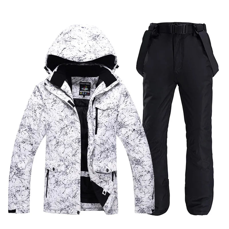 -30 Conjuntos de trajes de nieve blancos para hombres o mujeres Ropa de invierno al aire libre Ropa de snowboard Disfraces impermeables Chaqueta de esquí + Baberos de pantalón de nieve
