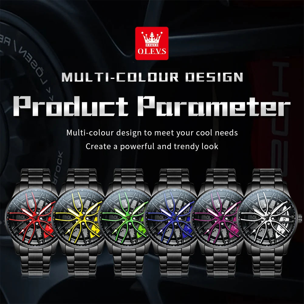 Reloj de lujo para hombre OLEVS 9937, resistente al agua, diseño de llanta de coche deportivo, reloj de cuarzo para hombre, de alta calidad, a la moda, el más vendido, luminoso.