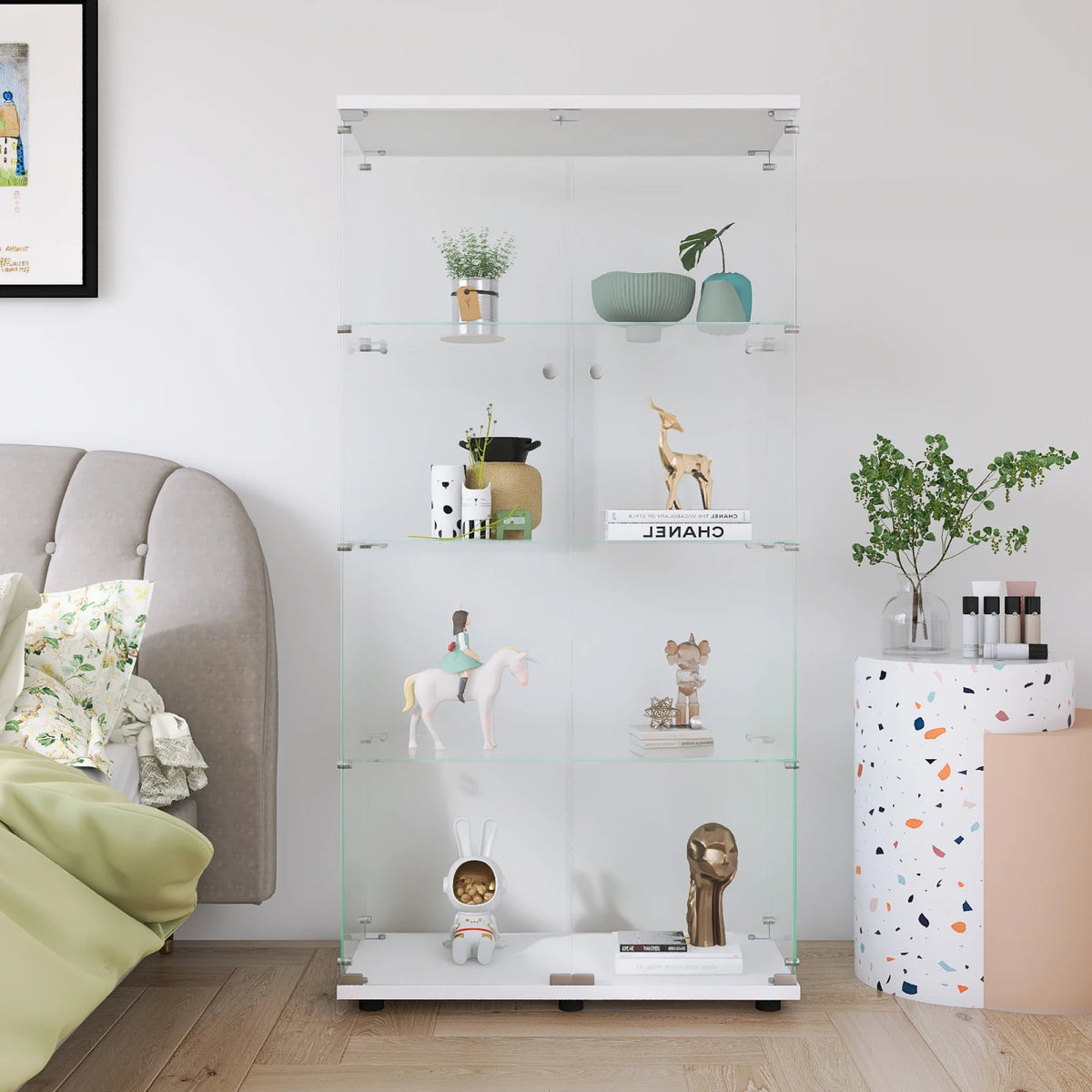 Vitrina de cristal templado de 4 niveles con cerradura Fangange, expositor de suelo de doble puerta, vitrina para coleccionables con luz LED opcional para sala de estar y oficina, negro / blanco