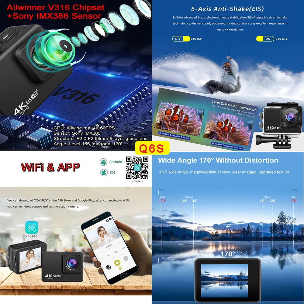 Cámara de Acción Q6S Ultra HD 4K/60fps 24MP WiFi 2 "IPS Screen170D bajo el agua 30M antivibración con lente Sony 386, cámara de vídeo para casco