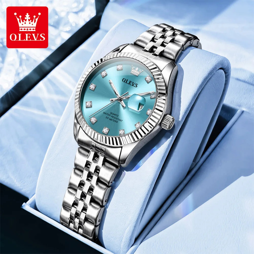 Reloj de mujer OLEVS tendencia moda plata acero inoxidable marca original reloj de pulsera gran fecha textura bisel roscado impermeable