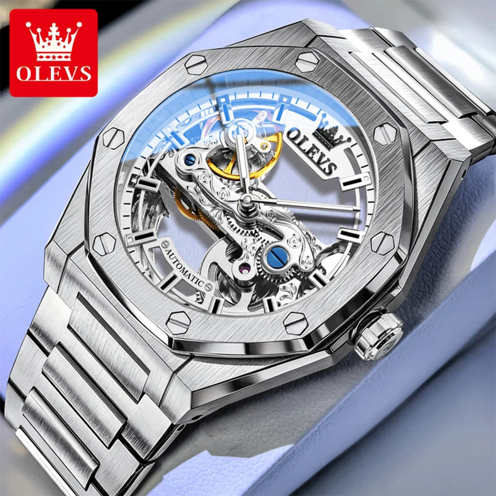 Reloj mecánico automático para hombre OLEVS, marca de lujo, esfera calada tipo esqueleto octogonal, superluminescente, reloj masculino de negocios y deportivo 6742