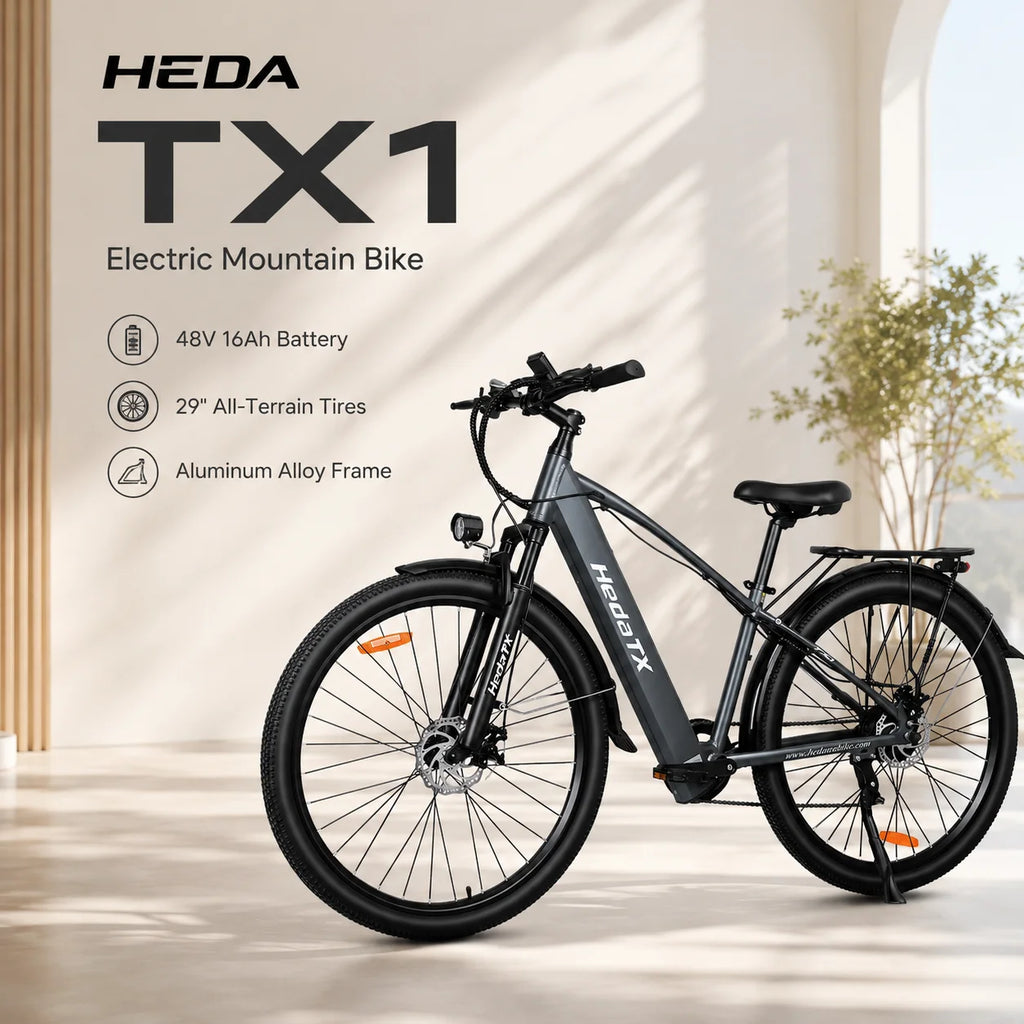 Nueva bicicleta de montaña eléctrica HEDA TX1S+MAX de 29 pulgadas, batería de litio de 48V16Ah, motor trasero, 7 velocidades, amortiguación, pantalla LCD, bicicleta eléctrica urbana