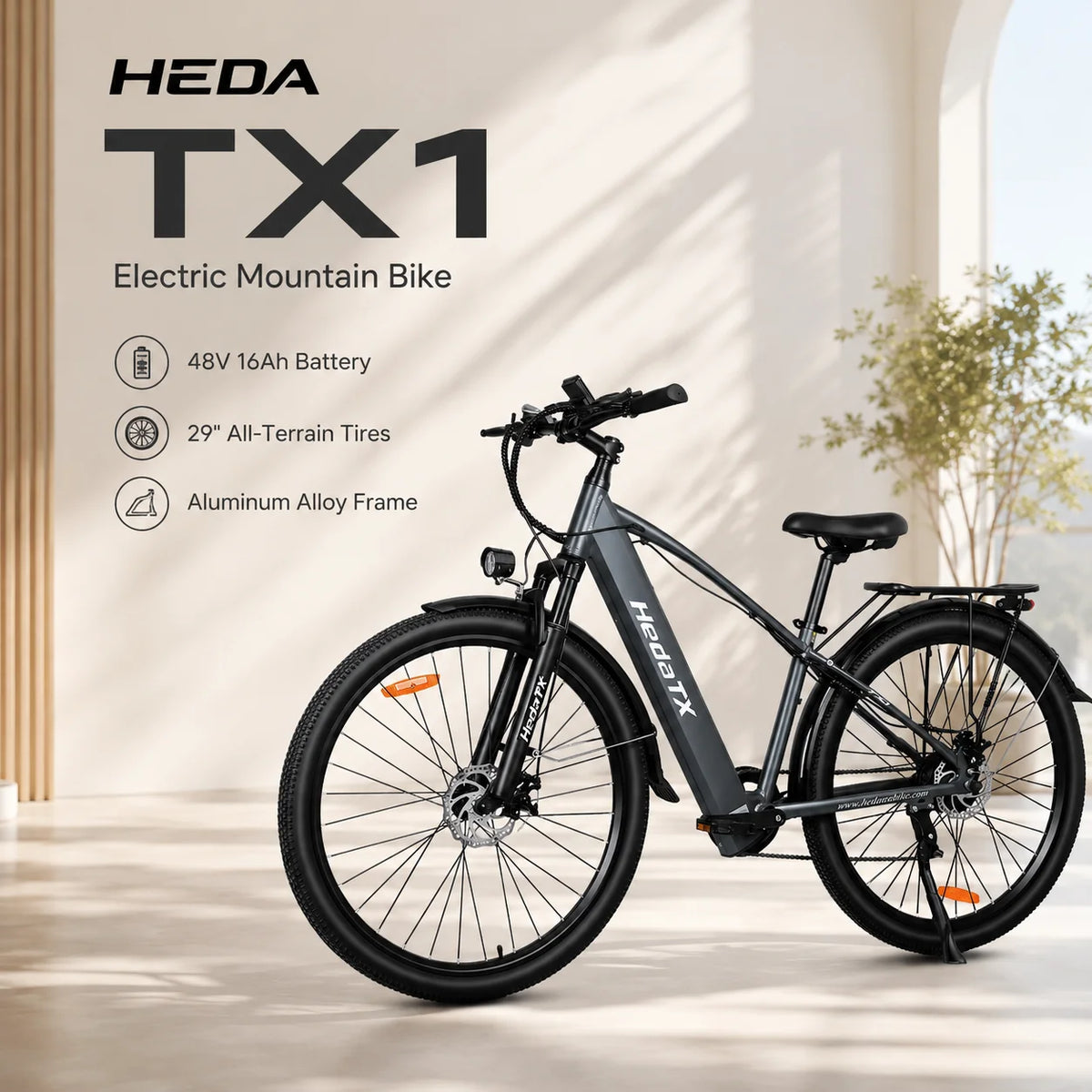 Nueva bicicleta de montaña eléctrica HEDA TX1S+MAX de 29 pulgadas, batería de litio de 48V16Ah, motor trasero, 7 velocidades, amortiguación, pantalla LCD, bicicleta eléctrica urbana